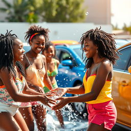 A dynamic scene featuring several black girls joyfully washing cars