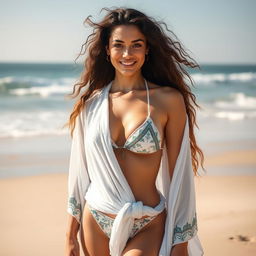 A beautiful Palestinian woman with long, natural hair shown in a full-body view, wearing traditional Palestinian clothing over a bikini