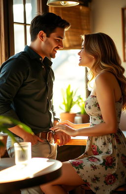 A romantic scene capturing the stolen glances between a handsome man and a beautiful woman at a cozy café