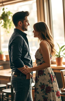 A romantic scene capturing the stolen glances between a handsome man and a beautiful woman at a cozy café