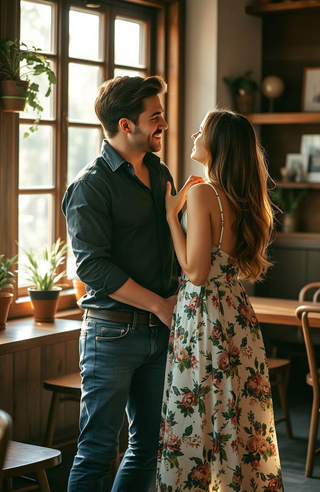 A romantic scene capturing the stolen glances between a handsome man and a beautiful woman at a cozy café