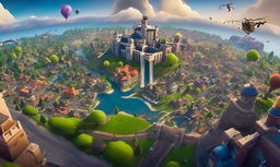 32k HD Fortnite background featuring Tilted Towers skyline, characters in various skins engaged in battle, supply drops in the sky, and ground littered with weapons and items