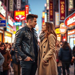 A vibrant scene of a bustling street filled with a diverse crowd, featuring a striking man and a captivating woman standing closer together, their eyes locked in conversation