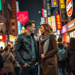 A vibrant scene of a bustling street filled with a diverse crowd, featuring a striking man and a captivating woman standing closer together, their eyes locked in conversation
