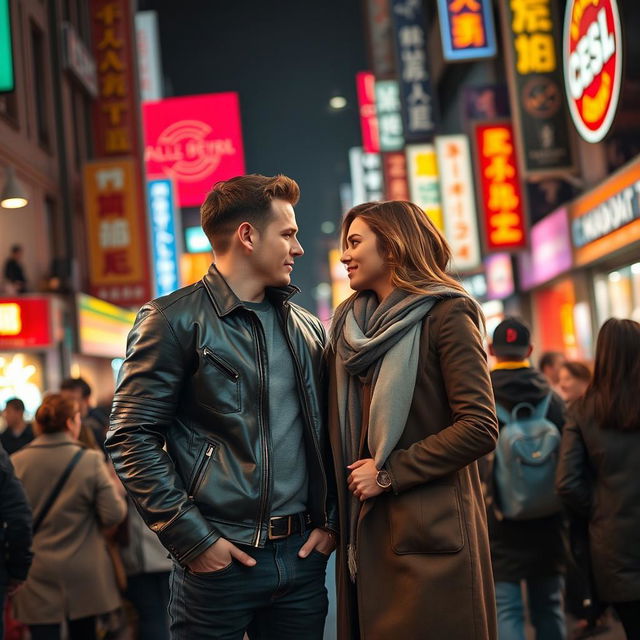 A vibrant scene of a bustling street filled with a diverse crowd, featuring a striking man and a captivating woman standing closer together, their eyes locked in conversation