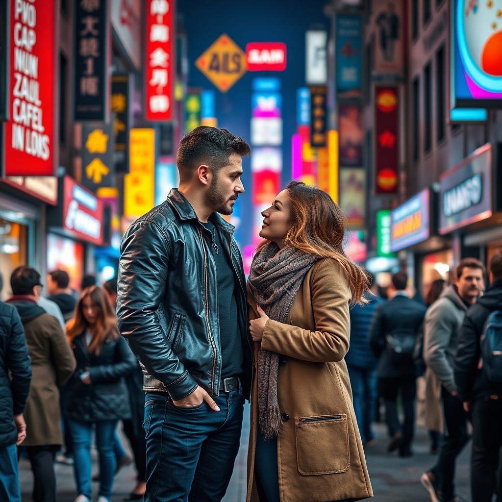 A vibrant scene of a bustling street filled with a diverse crowd, featuring a striking man and a captivating woman standing closer together, their eyes locked in conversation