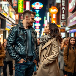 A vibrant scene of a bustling street filled with a diverse crowd, featuring a striking man and a captivating woman standing closer together, their eyes locked in conversation