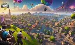 32k HD Fortnite background featuring Tilted Towers skyline, characters in various skins engaged in battle, supply drops in the sky, and ground littered with weapons and items