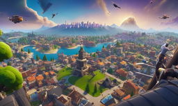 32k HD Fortnite background featuring Tilted Towers skyline, characters in various skins engaged in battle, supply drops in the sky, and ground littered with weapons and items