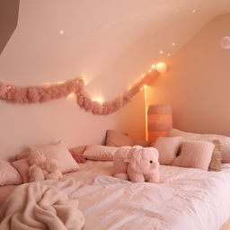 A cosy, cute bedroom adorned with light pastel colors, fluffy pillows, warm lights, and minimalist furniture.