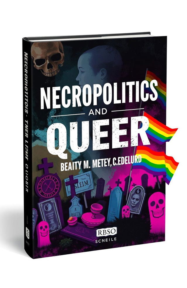 A visually striking book cover design representing 'necropolitics and queer necropolitics', featuring dark, abstract imagery combined with vibrant, flamboyant colors symbolizing queer identity