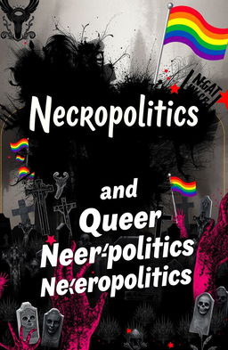A visually striking book cover design representing 'necropolitics and queer necropolitics', featuring dark, abstract imagery combined with vibrant, flamboyant colors symbolizing queer identity