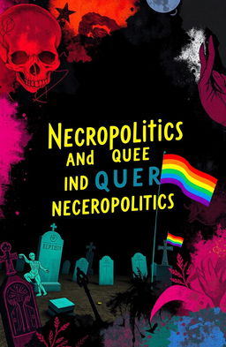 A visually striking book cover design representing 'necropolitics and queer necropolitics', featuring dark, abstract imagery combined with vibrant, flamboyant colors symbolizing queer identity