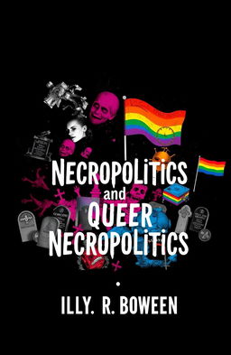 A visually striking book cover design representing 'necropolitics and queer necropolitics', featuring dark, abstract imagery combined with vibrant, flamboyant colors symbolizing queer identity