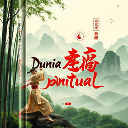 A captivating and intricate book cover design for 'Dunia Beladiri Spiritual', showcasing elements of Chinese martial arts and spirituality