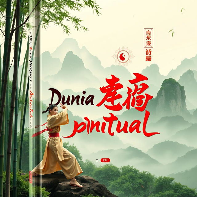 A captivating and intricate book cover design for 'Dunia Beladiri Spiritual', showcasing elements of Chinese martial arts and spirituality