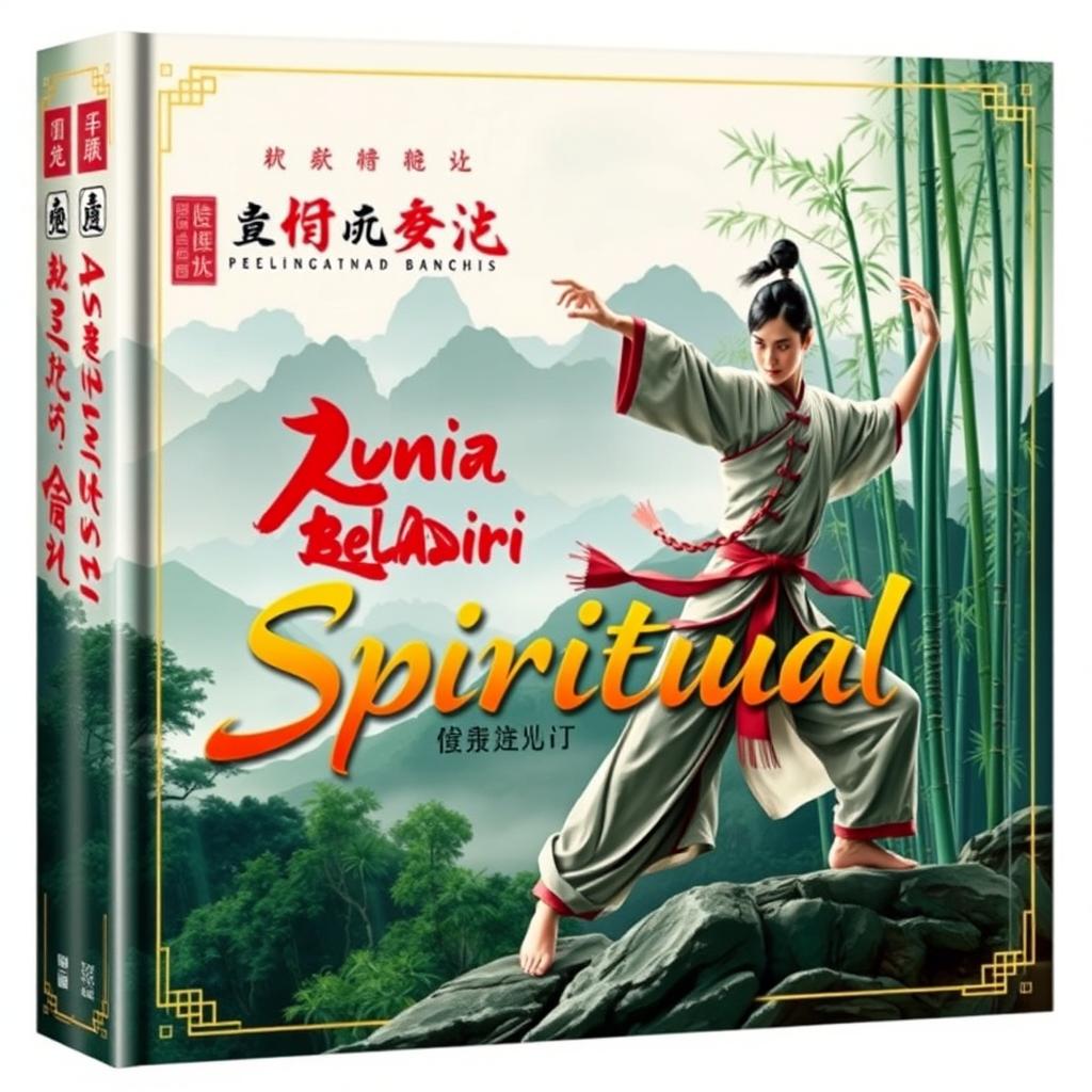 A captivating and intricate book cover design for 'Dunia Beladiri Spiritual', showcasing elements of Chinese martial arts and spirituality