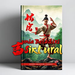 A captivating and intricate book cover design for 'Dunia Beladiri Spiritual', showcasing elements of Chinese martial arts and spirituality