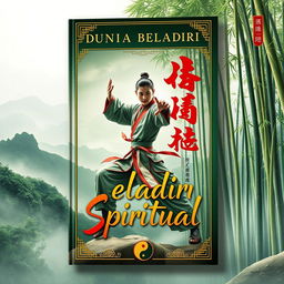 A captivating and intricate book cover design for 'Dunia Beladiri Spiritual', showcasing elements of Chinese martial arts and spirituality