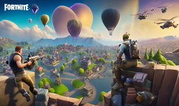 32k HD Fortnite background featuring Tilted Towers skyline, characters in various skins engaged in battle, supply drops in the sky, and ground littered with weapons and items