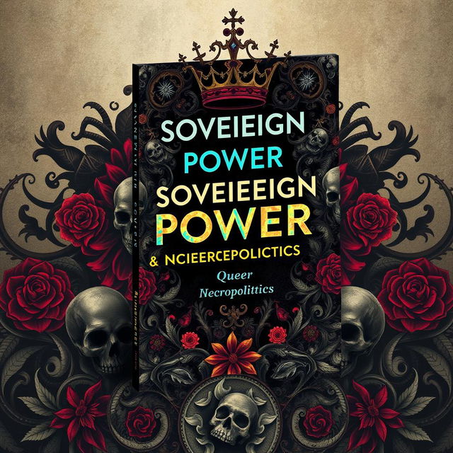 An intriguing book cover design exploring 'sovereign power, necropolitics, and queer necropolitics', featuring a rich, layered background that combines elements of authority and mortality