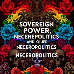 An intriguing book cover design exploring 'sovereign power, necropolitics, and queer necropolitics', featuring a rich, layered background that combines elements of authority and mortality