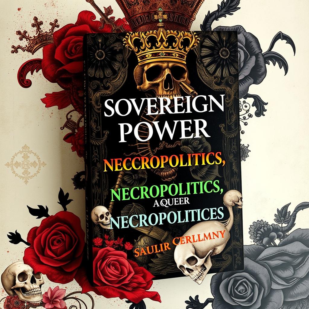 An intriguing book cover design exploring 'sovereign power, necropolitics, and queer necropolitics', featuring a rich, layered background that combines elements of authority and mortality