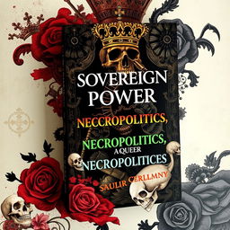 An intriguing book cover design exploring 'sovereign power, necropolitics, and queer necropolitics', featuring a rich, layered background that combines elements of authority and mortality