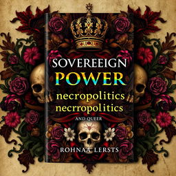An intriguing book cover design exploring 'sovereign power, necropolitics, and queer necropolitics', featuring a rich, layered background that combines elements of authority and mortality
