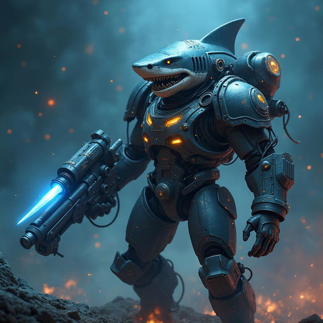 A powerful and futuristic cybernetic hammerhead shark space marine, blending elements of marine biology and science fiction