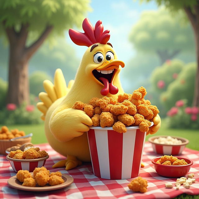 A humorous and lighthearted scene featuring a cartoon-style chicken happily devouring a bucket of KFC