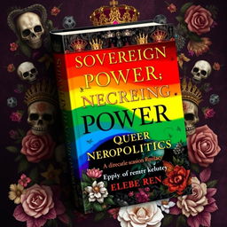 An artistic and thought-provoking book cover design dedicated to 'sovereign power, necropolitics, and queer necropolitics', incorporating an intricate blend of symbols of authority such as crowns and thrones alongside elements representing death like skulls and dark floral motifs