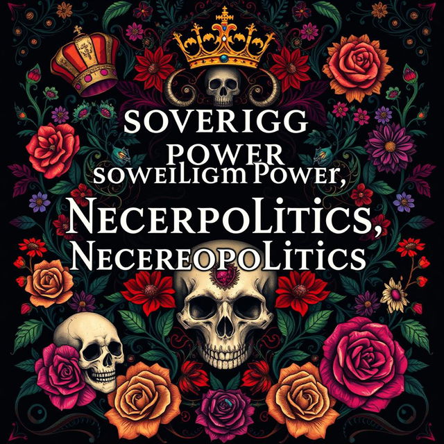 An artistic and thought-provoking book cover design dedicated to 'sovereign power, necropolitics, and queer necropolitics', incorporating an intricate blend of symbols of authority such as crowns and thrones alongside elements representing death like skulls and dark floral motifs