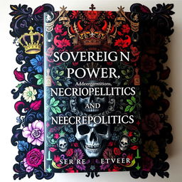 An artistic and thought-provoking book cover design dedicated to 'sovereign power, necropolitics, and queer necropolitics', incorporating an intricate blend of symbols of authority such as crowns and thrones alongside elements representing death like skulls and dark floral motifs