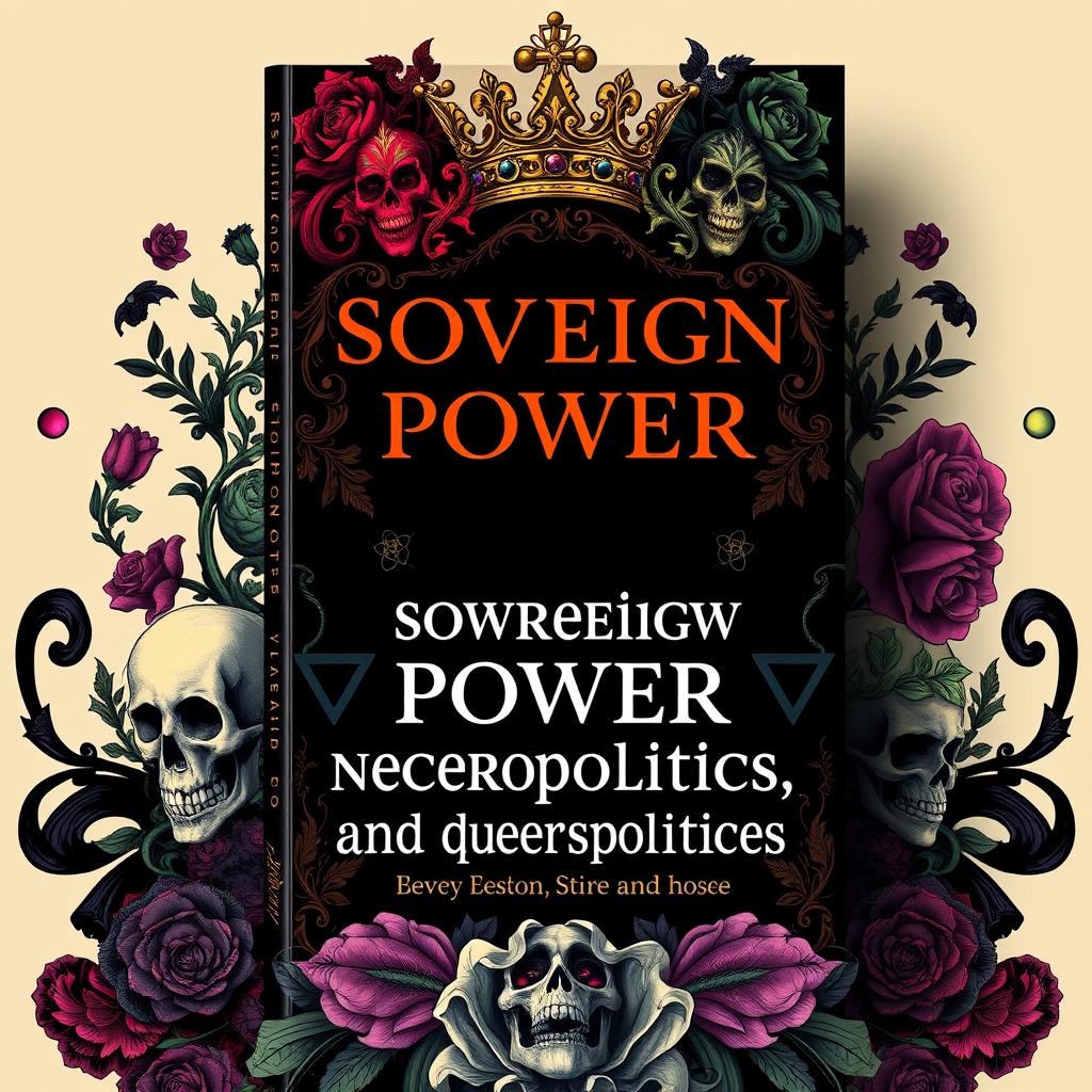 An artistic and thought-provoking book cover design dedicated to 'sovereign power, necropolitics, and queer necropolitics', incorporating an intricate blend of symbols of authority such as crowns and thrones alongside elements representing death like skulls and dark floral motifs