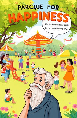 A vibrant illustration representing the theme of the search for happiness in Parque Jaime Duque, featuring colorful amusement rides, joyful people of all ages enjoying various activities, and lush green surroundings