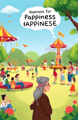 A vibrant illustration representing the theme of the search for happiness in Parque Jaime Duque, featuring colorful amusement rides, joyful people of all ages enjoying various activities, and lush green surroundings
