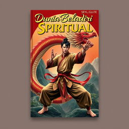 A captivating book cover design for 'Dunia Beladiri Spiritual' featuring a male martial artist in traditional Chinese attire