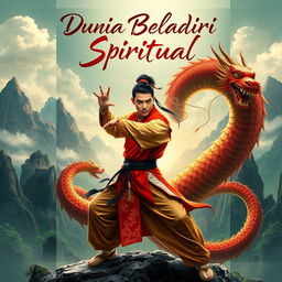 A captivating book cover design for 'Dunia Beladiri Spiritual' featuring a male martial artist in traditional Chinese attire