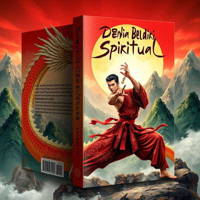 A captivating book cover design for 'Dunia Beladiri Spiritual' featuring a male martial artist in traditional Chinese attire