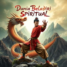 A captivating book cover design for 'Dunia Beladiri Spiritual' featuring a male martial artist in traditional Chinese attire