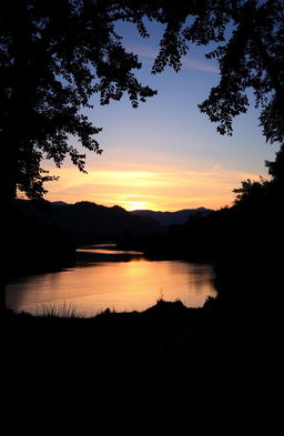 A reflective and serene landscape showcasing a beautiful sunset over a quiet river, surrounded by lush greenery and distant mountains