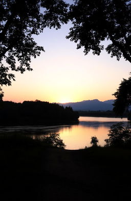 A reflective and serene landscape showcasing a beautiful sunset over a quiet river, surrounded by lush greenery and distant mountains