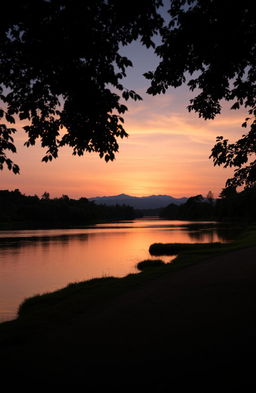 A reflective and serene landscape showcasing a beautiful sunset over a quiet river, surrounded by lush greenery and distant mountains