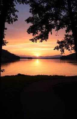 A reflective and serene landscape showcasing a beautiful sunset over a quiet river, surrounded by lush greenery and distant mountains