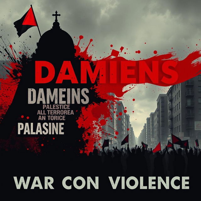 A powerful and evocative artistic representation of themes surrounding 'Damiens, Palestine genocide, war on terror, and police violence'