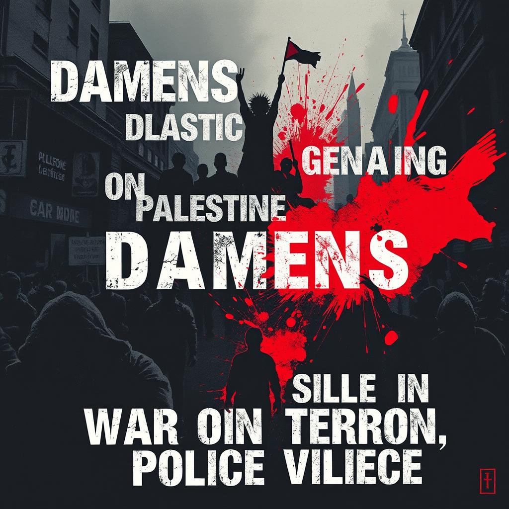 A powerful and evocative artistic representation of themes surrounding 'Damiens, Palestine genocide, war on terror, and police violence'