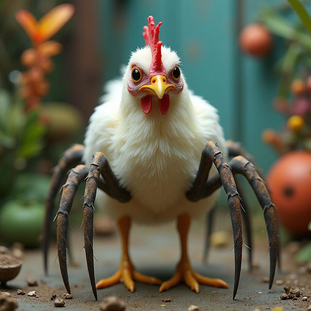 A surreal and imaginative depiction of a chicken with spider legs, showcasing a bizarre hybrid creature