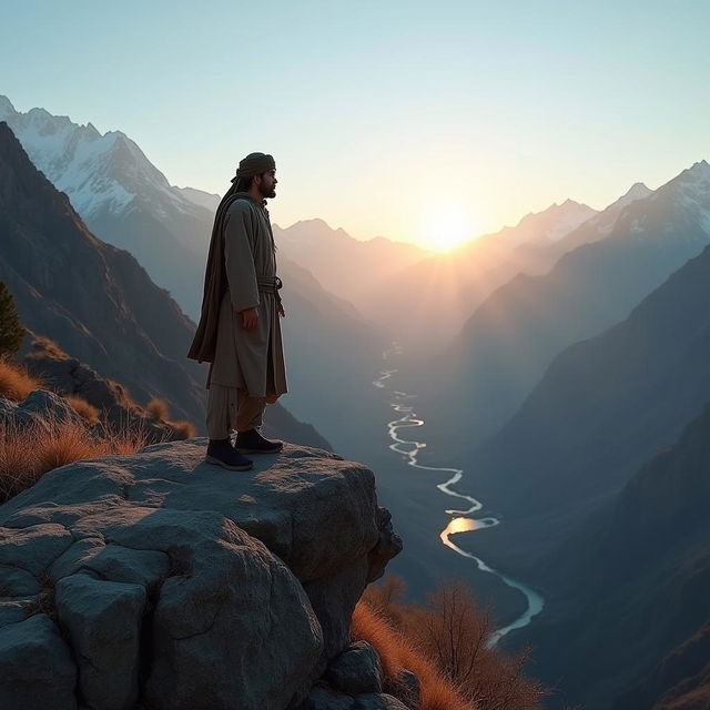 A breathtaking landscape showcasing a person standing on a rugged cliff in Afghanistan, overlooking a vast and stunning mountainous terrain