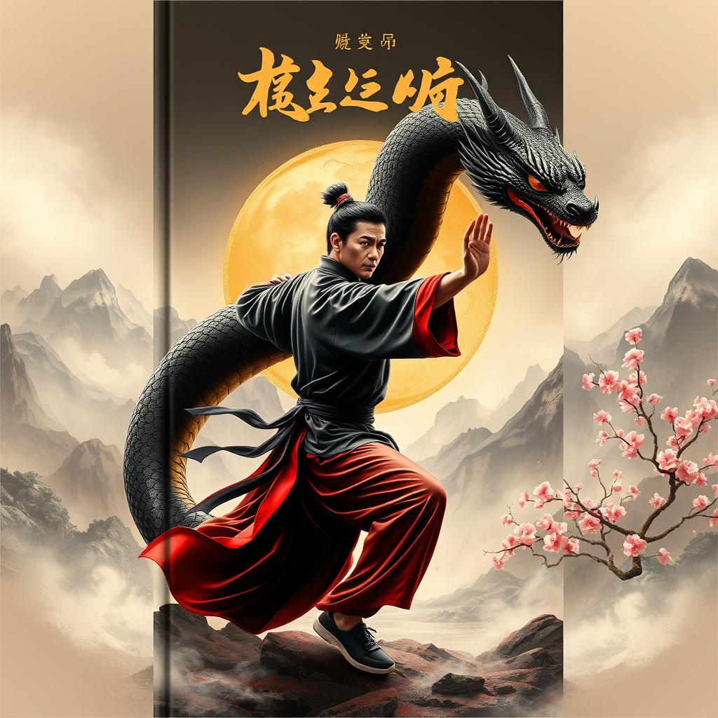 A compelling book cover design for 'Dunia Beladiri Spiritual' featuring a male martial artist in traditional Chinese style